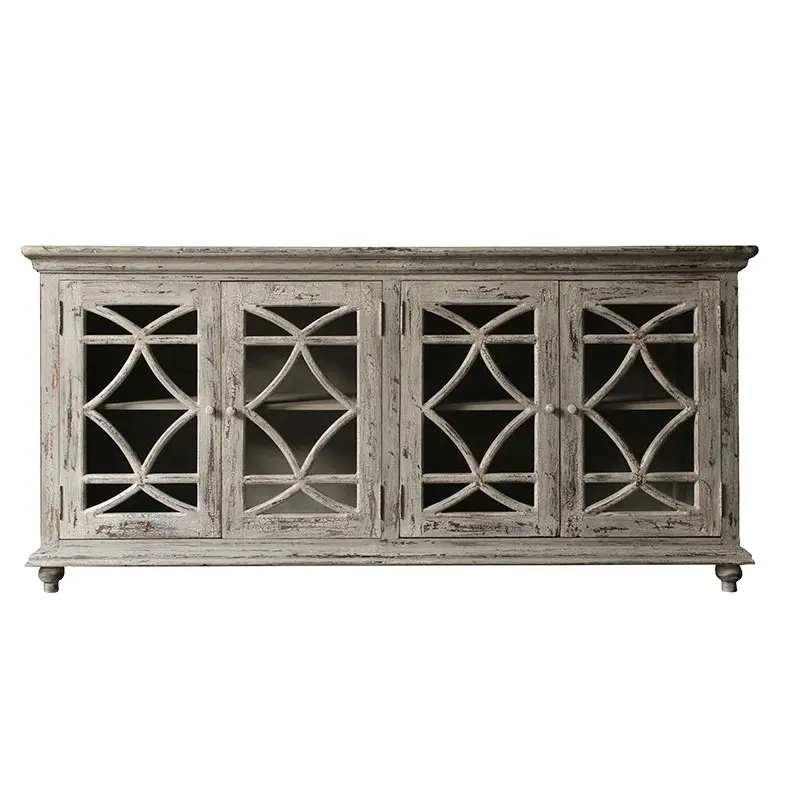 Gabinete rústico antigo, estante rústico de madeira sólida, vidro esculpido, estilo francês country, exibição rústica para gabinete