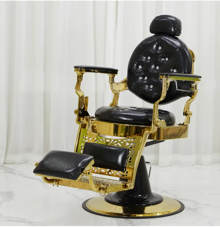 Sillas de barbero doradas y negras resistentes de aleación de estilo europeo de alta calidad, sillas de estilo, silla de salón