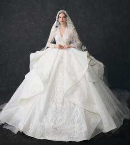 Sang trọng thêu beading bóng Gown tòa ren Wedding Dress V Cổ Dài Tay áo dài Train cho Bridal phụ nữ - Product Image 1