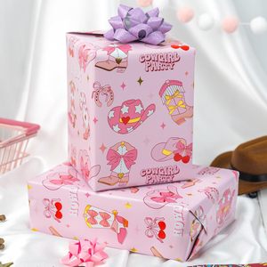 Homeral Pink Cowgirl Wrapping <b>Paper</b> Roll 17In x 32.8Ft Reversible Gift Wrap With Western Boots Hat Cherry <b>Pattern</b> For Girls - Product Image 2