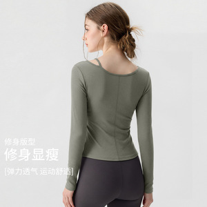 Yoyue Clothing Yoga <b>Top</b> <b>Long</b> Sleeve Single Strap Design Solid Color Shock Absorbing For Running Fitness Yoga - Product Image 2