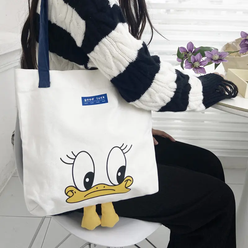 2024 sacola de compras escolar de ombro com desenho de pato de algodão com pés fofos