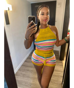 2025 nuova estate unica donna Street Wear vestito in maglia senza maniche striscia <span class=keywords><strong>Crop</strong></span> <span class=keywords><strong>Top</strong></span> e pantaloncini abbinati Set 2 pezzi - Product Image 6