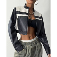 Blouson court en cuir PU pour femme, col montant, fermeture éclair sur le devant, manches longues, imperméable, style universitaire, couleur unie, collection printemps