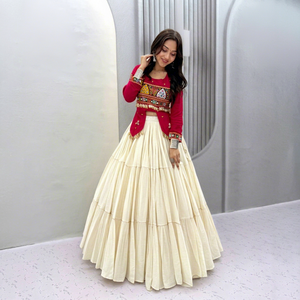 Traditional Indian Cotton <b>Lehenga</b> Set With Embroidered <b>Red</b> Crop Top And Cream Floor-Length Skirt For Women <b>Wedding</b> Wear - Product Image 1