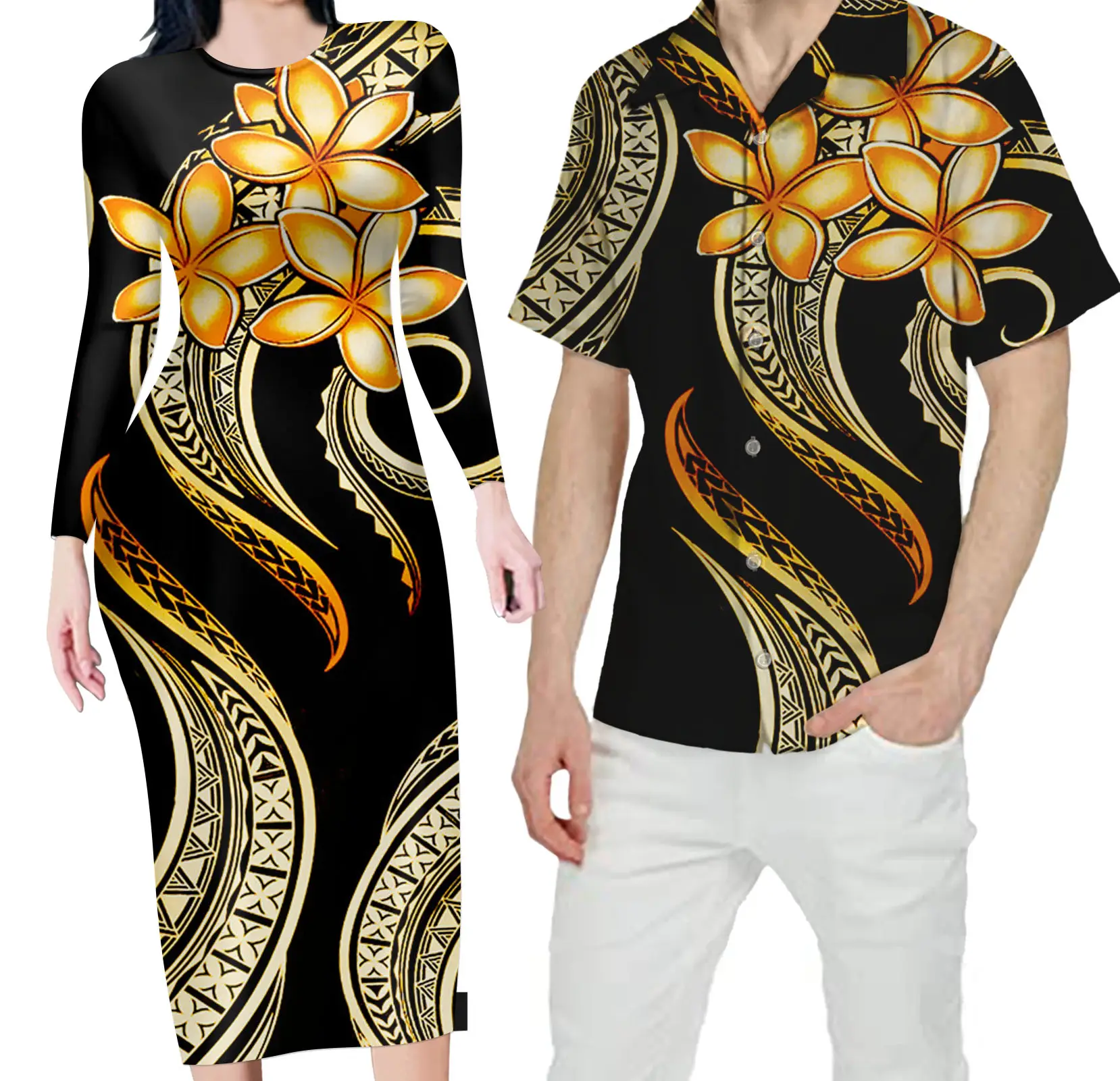 새로운 도착 달콤한 연인 일치하는 커플 의류 폴리네시아 하와이 꽃 프린트 플러스 사이즈 맥시 드레스 경기 남성 셔츠 인쇄