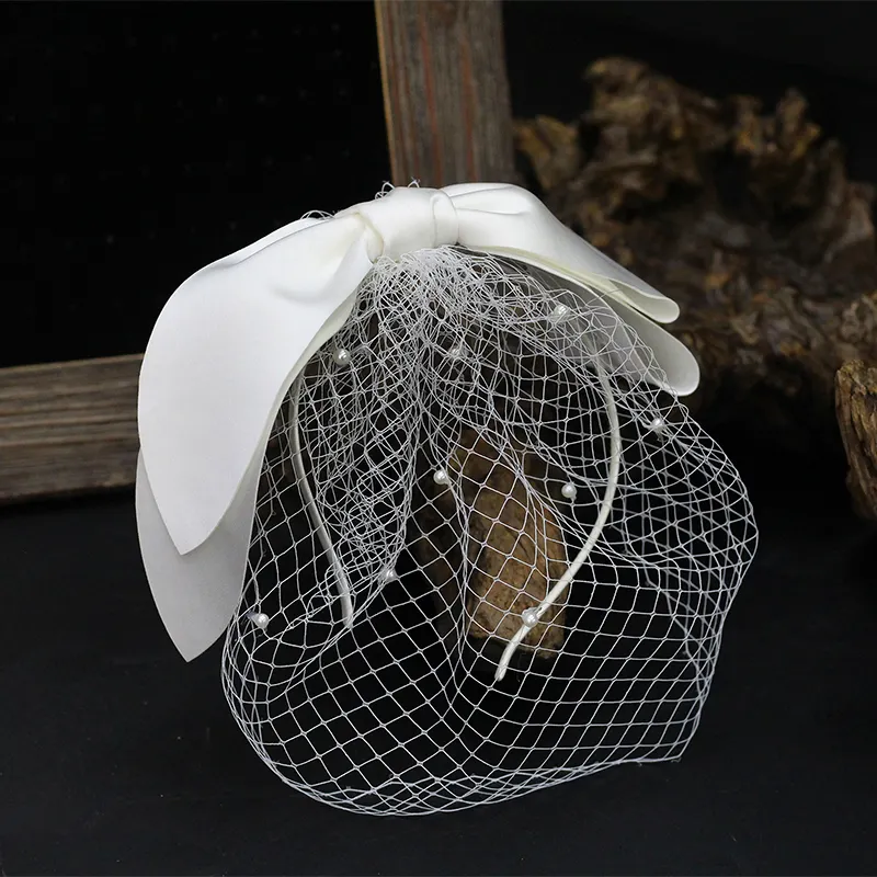 BH1388 hera Vintage party pearls short Face fishnet veil Bridal Wedding hair bow headband