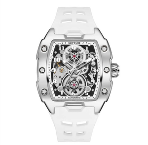 Reloj mecánico automático MEGIR para hombre, caja rectangular de acero inoxidable, correa de silicona, esfera hueca, reloj deportivo de 42mm - Product Image 1