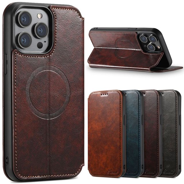 Business Leather Flip Mobile Phone Leather Case for iphone 14 13 12 Pro Max Cover Magnetic Wireless Charging Wallet case