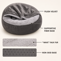 Lit pour chat à capuche en velours pelucheux avec couverture intégrée, lit pour chien en fausse fourrure Sherpa, lavable en machine, OEM ODM