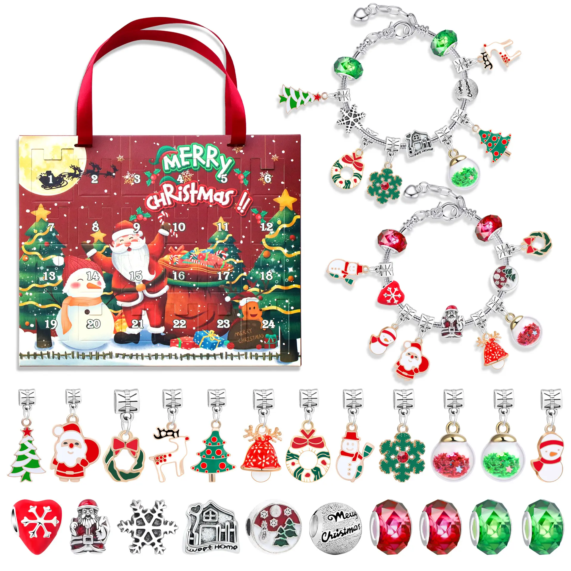 Pulsera de calendario de Adviento de Navidad 24 días calendario de cuenta regresiva de Navidad DIY con cuentas 2 pulseras Kit de fabricación joyería niños regalo de Navidad