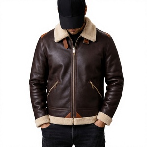Veste en cuir véritable marron pour homme, col rabattu, fermeture à bouton unique, doublure en sherpa, style moto décontracté, vêtements d'hiver - Product Image 1
