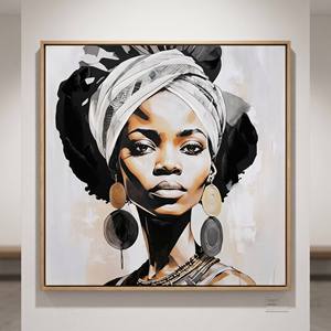 <span class=keywords><strong>Dipinto</strong></span> Murale di Alta Qualità con Ritratto <span class=keywords><strong>Etnico</strong></span> di Regina Africana, Orecchini a Strati e Turbante - Product Image 1