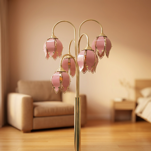 Lámpara de Pie de Estilo Nórdico de Lujo para el Hogar, Lámpara de Pie Tulipán con Múltiples Cabezales, Brazo Curvo de Metal, Pantalla de Tulipán de Vidrio Rosa, E26, 180 cm - Product Image 1