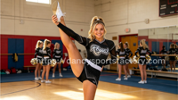Uniforme de cheerleading personnalisé noir avec strass, haut à manches longues avec inserts en mesh et jupe avec logo de l'équipe royale pour la compétition