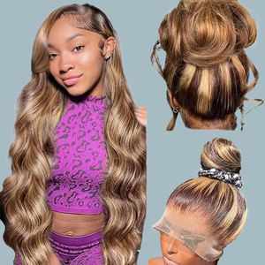 Perruques en dentelle frontale 360 avec mèches ombrées blond miel, cheveux humains, dentelle frontale avec cordon de serrage, vague corporelle, perruques en dentelle frontale 360 HD, perruque en dentelle complète - Product Image 1