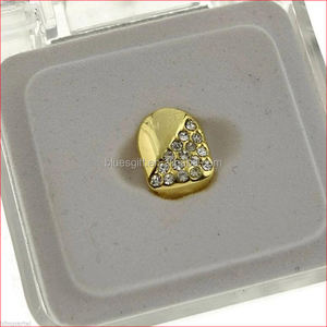 Blues 14K Vergulde Half Iced-Out Crystal Diamant Enkele Tanden Grillz TG116-G1 - Product Image 6