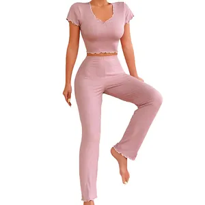 Fashion home wear two-piece set with wavy elastic short sleeved pants and pajama set