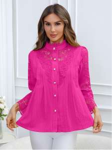 Chemise décontractée unie en dentelle pour femme, nouvelle collection printemps/été/automne 2026, style tendance, manches longues, tricotée, stock Géorgie - Product Image 1
