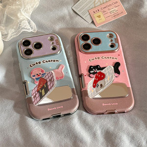 Cartoon Leather Puppy holder Mirror Phone case for <b>iPhone</b> 17 16 Pro Max Embroidery Dog cute Bracket cat <b>Stand</b> Chaton back Cover - Product Image 4