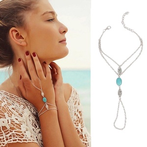 Pulsera <span class=keywords><strong>de</strong></span> moda chapada en <span class=keywords><strong>plata</strong></span> para mujer, cadena <span class=keywords><strong>de</strong></span> metal con cuentas verdes, anillo <span class=keywords><strong>de</strong></span> dedo esclavo - Product Image 2