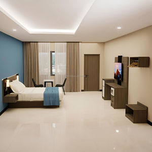 Ensembles de meubles de chambre d'hôtel OEM personnalisés et abordables avec sommier plateforme en bois, tête de lit murale, tables de chevet et matelas - Product Image 3