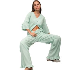 Pyjama en coton et lin pour femme, vêtements de nuit pour femme, à volants, manches trois-quarts, pantalon long, vêtements de détente amples - Product Image 5