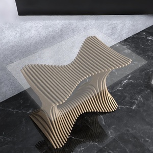 โต๊ะอาหารไม้เนื้อแข็งสั่งทำพิเศษ โต๊ะ<span class=keywords><strong>กาแฟ</strong></span> ท็อปกระจกใส ดีไซน์โค้งเว้า ลายไม้ระแนง สำหรับโรงแรมและบ้าน - Product Image 3