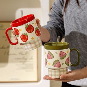 500ml Large Water Cup Cute Fruit Ceramic Mugs with Lids and Straw - Product Image 1