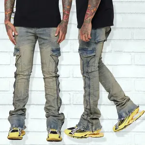 Manufacturer vintage washed denim pants men wholesale custom brand logo zipper stacked jeans raw hem slim fit cargo jeans flare
