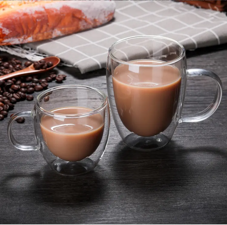 格安高品質の二重壁ガラスエスプレッソコーヒーマグカップ茶ガラスコップハンドル