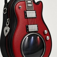 Sac à bandoulière Ita Bag personnalisé en forme de guitare, en cuir PU texturé rouge, avec passepoil blanc, manche argenté et fenêtre de présentation