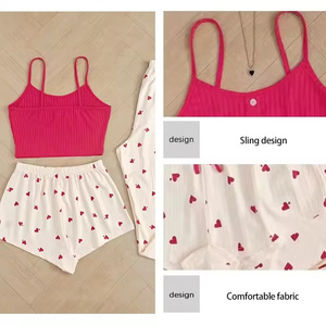 EHK0100 3PCS Women's Heart-Shaped Printed Vest <b>Shorts</b> and Pants Paired with Ribbed Fabric for Home Casual Women's Sleepwear Set - Product Image 5