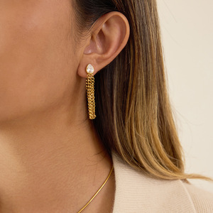 <b>Chain</b> Tassel Drop Earrings Gold Plated Zircon Bezel Setting Everyday Wear Stainless Steel Jewelry - Product Image 3
