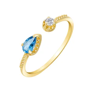 Hot 9K Solid Gold Gemstone Adjustable Rings Drop London Blue White Topaz Ring