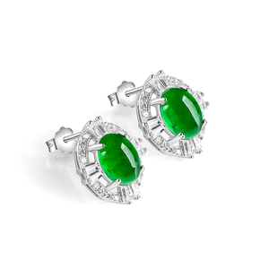 Natural genuine A-grade jadeite oval egg-shaped sun-<b>green</b> stud <b>earrings</b>, ice-grade jade, S925 silver setting, women's <b>earrings</b> - Product Image 3