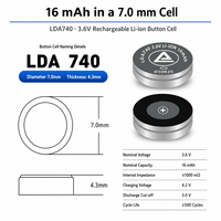 Baterai Sel Tombol Lithium Ion Isi Ulang LDA740 3.6V 16mAh Diameter 7mm Tipis 4.3mm Untuk Earbud TWS Perangkat Pintar yang Dapat Dipakai