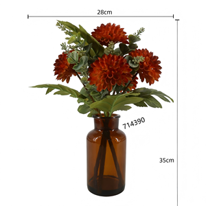 Bouquet di Crisantemi Artificiali in <span class=keywords><strong>Vaso</strong></span> di Vetro Marrone 28x35cm, <span class=keywords><strong>Fiori</strong></span> di Dalia Rosa Autunnali in <span class=keywords><strong>Vaso</strong></span> per Decorazione Casa - Product Image 2