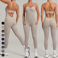 Combinaison de yoga et de sport pour femme, sans manches, à col noué, dos évidé, avec fronces sur le devant et design froncé sur les côtés aux fesses