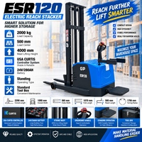 Reach Stacker 2T ESR120 : Système Curtis, levage 4000 mm, batterie 24V/280Ah, fourches 1070 mm, boîte à outils.