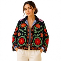 El Yapımı, Bitmiş, Kışlık, Çift Taraflı, Çiçek Desenli, Sujani İşlemeli, Kadife Pamuklu Kadın Ceketi |   Boho Kapitone Hint Sanatçısı Yapımı Örme Örtü