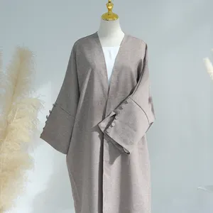 Loriya 2024 Botão de peru muçulmano linho Abaya Roupa Islâmica Eid Ramadã Quimono Cardigan Natural Respirável feminino Abaya