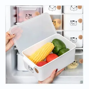 Wholesale Household White Square Cartoon Cute Plastic Containers Stackable Microwave Kitchen Ingredients Handle Storage Box