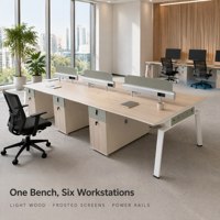 Poste de travail de bureau moderne modulaire en bois pour 6 personnes avec écran de séparation, prise de courant et armoire verrouillable, bureau informatique