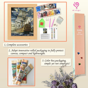 Kit de Arte de Pintura de Diamantes DIY, Paisaje Marino con Barco, 43x54cm, con Marco, Cristales de Imitación, Impresión Rectangular - Product Image 3