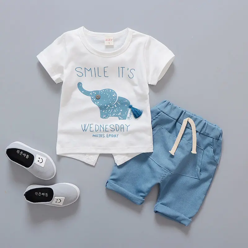 Cotton On Kids Wear 2022 Mùa Hè Bé Trai Mặc Bộ 1-4 Năm Phong Cách Giản Dị Voi Thêu Ngắn Tee Shorts Trai T-shirt Toddler