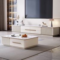 Ensemble moderne de meuble TV en marbre et bois massif et table basse carrée avec tiroirs pour la décoration de salon