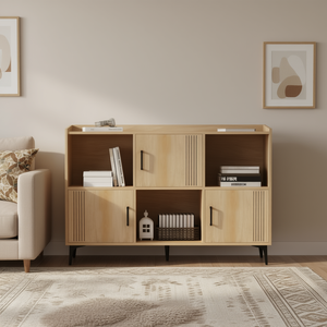 Sideboard <b>Storage</b> Bookcase With 3 Slat Doors And <b>Open</b> Compartments For Living Room Oak Wood Modern Design - Product Image 2