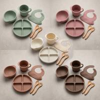 Juego de Vajilla para Bebé de Estilo Escandinavo en Color Crema Blanco, 6 Piezas, Diseño Minimalista, Utensilios con Mango de Madera Natural, Silicona No Tóxica