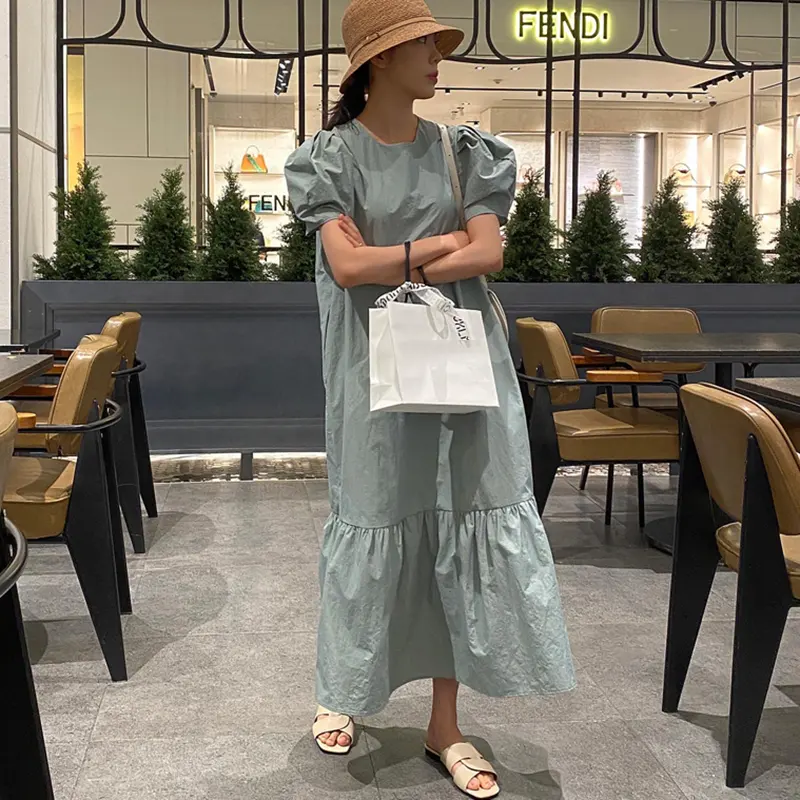 Wholesale 2021 Spring and Summer Elegant Temperament Loose Women's Dress Casual Puff Sleeve Stitching Ruffled Women's Dress